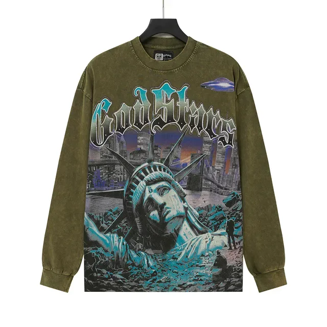 Distressed Acid-Wash Graphic Print Cropped Long-Sleeve T-Shirt 7