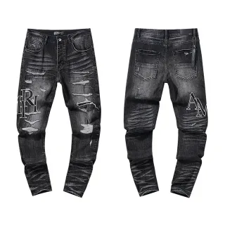 Distressed Ripped Embroidered Monogram Black Jeans