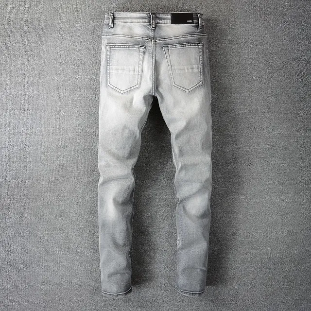 Distressed Slim-Fit Light Gray Wash Embroidered Patchwork Jeans 6