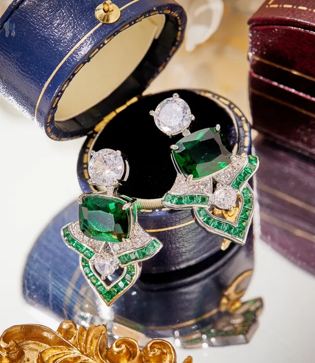 Emerald and Clear Stone Geometric Stud Earrings 6