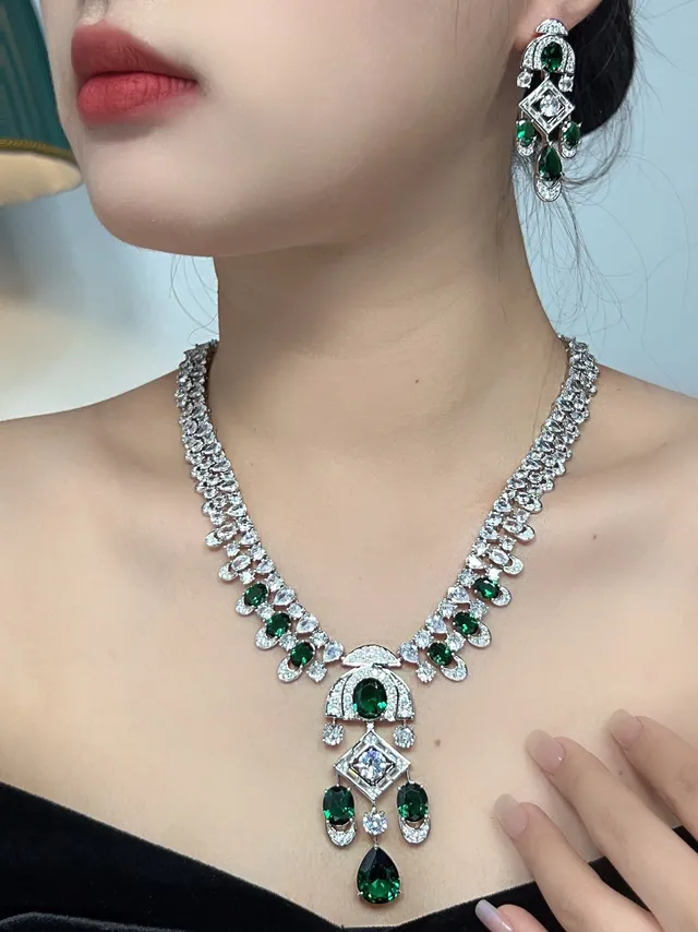 Emerald and Pavé Diamond-Style Multi-Tier Chandelier Earrings 2