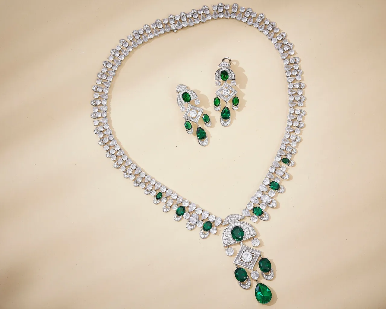 Emerald and Pavé Diamond-Style Multi-Tier Chandelier Earrings 4