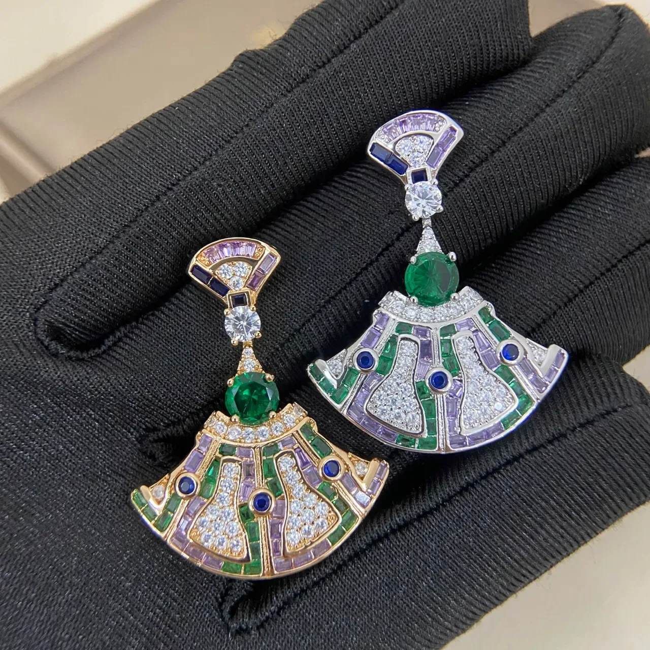 Fan-Shaped Multi-Gemstone Pavé Dangling Drop Earrings 2