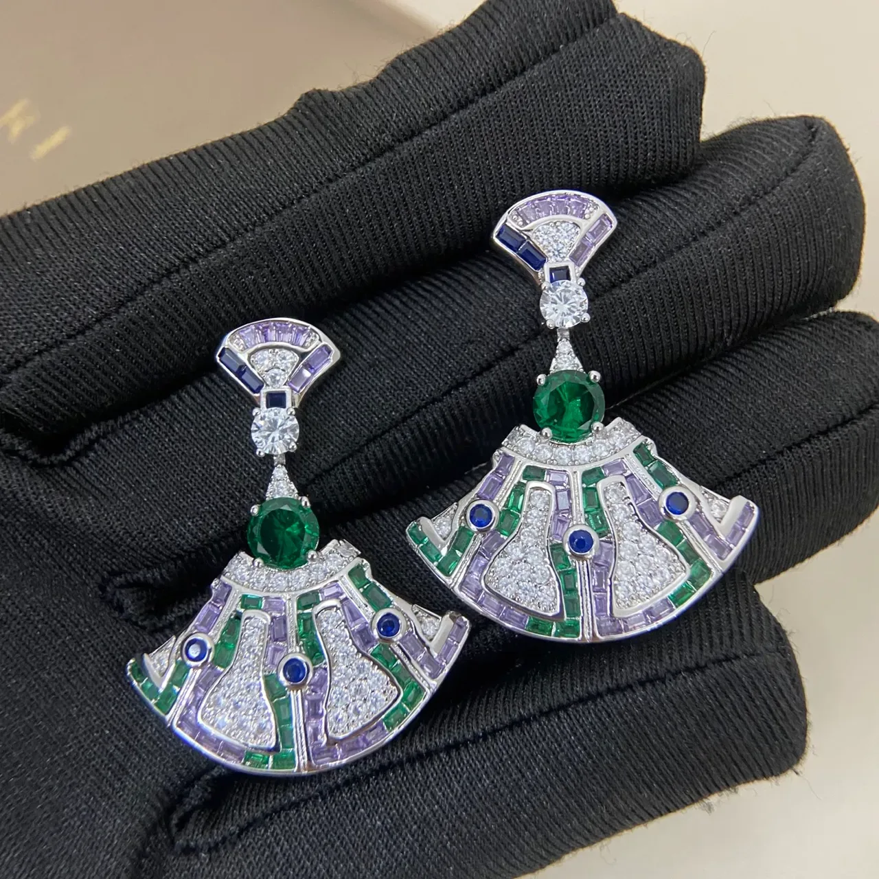 Fan-Shaped Multi-Gemstone Pavé Dangling Drop Earrings 6