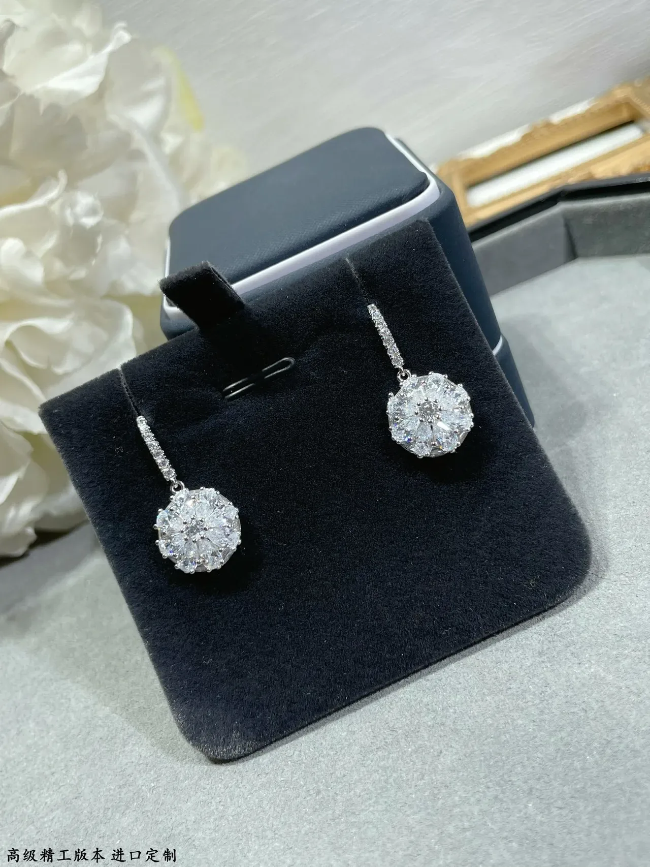 Floral Cluster Pave-Set Drop Stem Dangling Earrings 5
