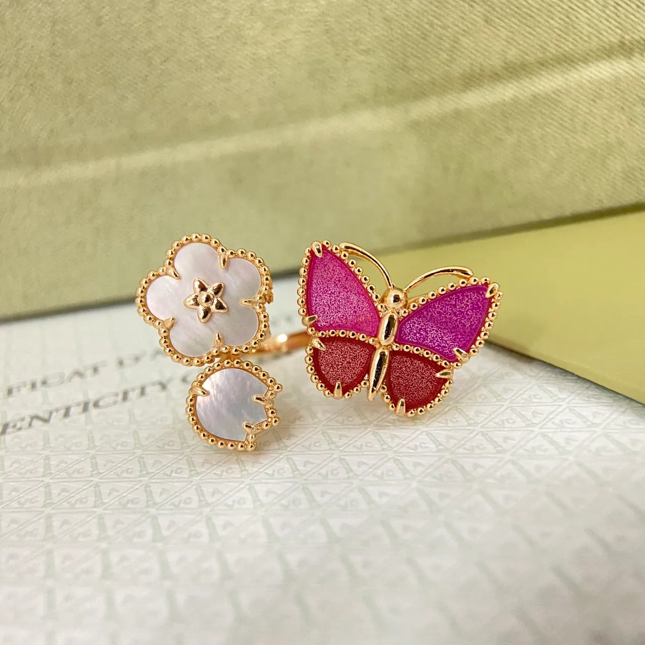 Floral Quatrefoil and Butterfly Motif Enamel Rings 2