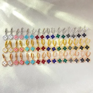 Brincos pendantes de esmalte floral quadrifólio