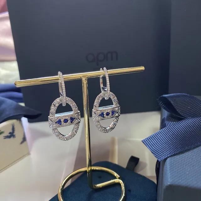 Geometric Pavé Blue Gemstone Drop Earrings 5