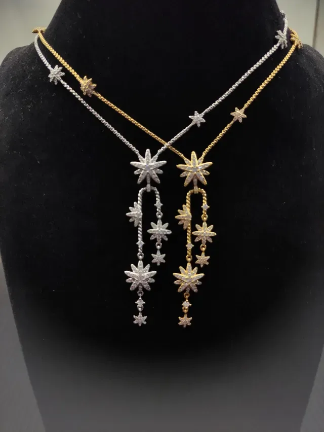 Gold and Silver Starburst Pavé Drop Necklaces 2