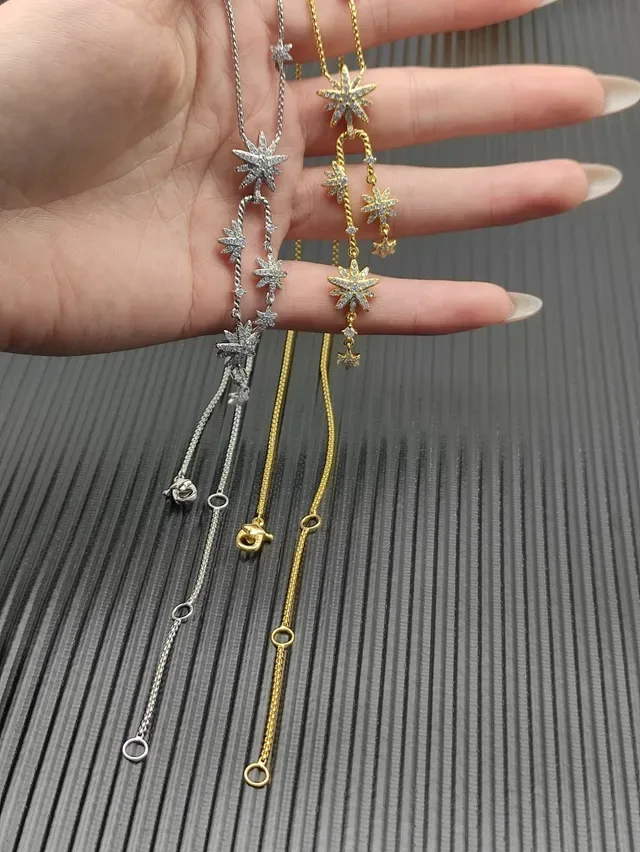Gold and Silver Starburst Pavé Drop Necklaces 3