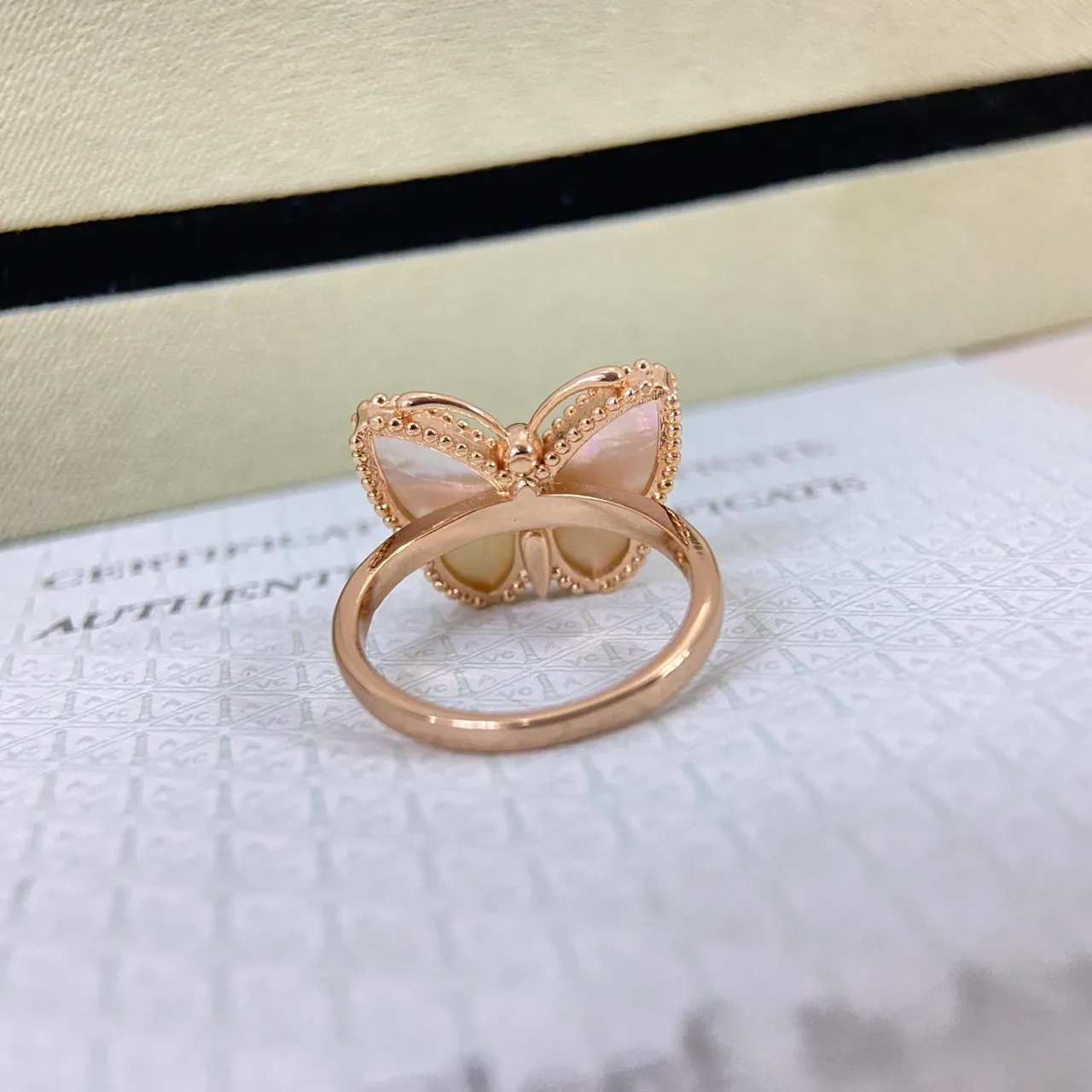 Gold Beige Butterfly Silhouette Beaded Bezel Edge Ring 5
