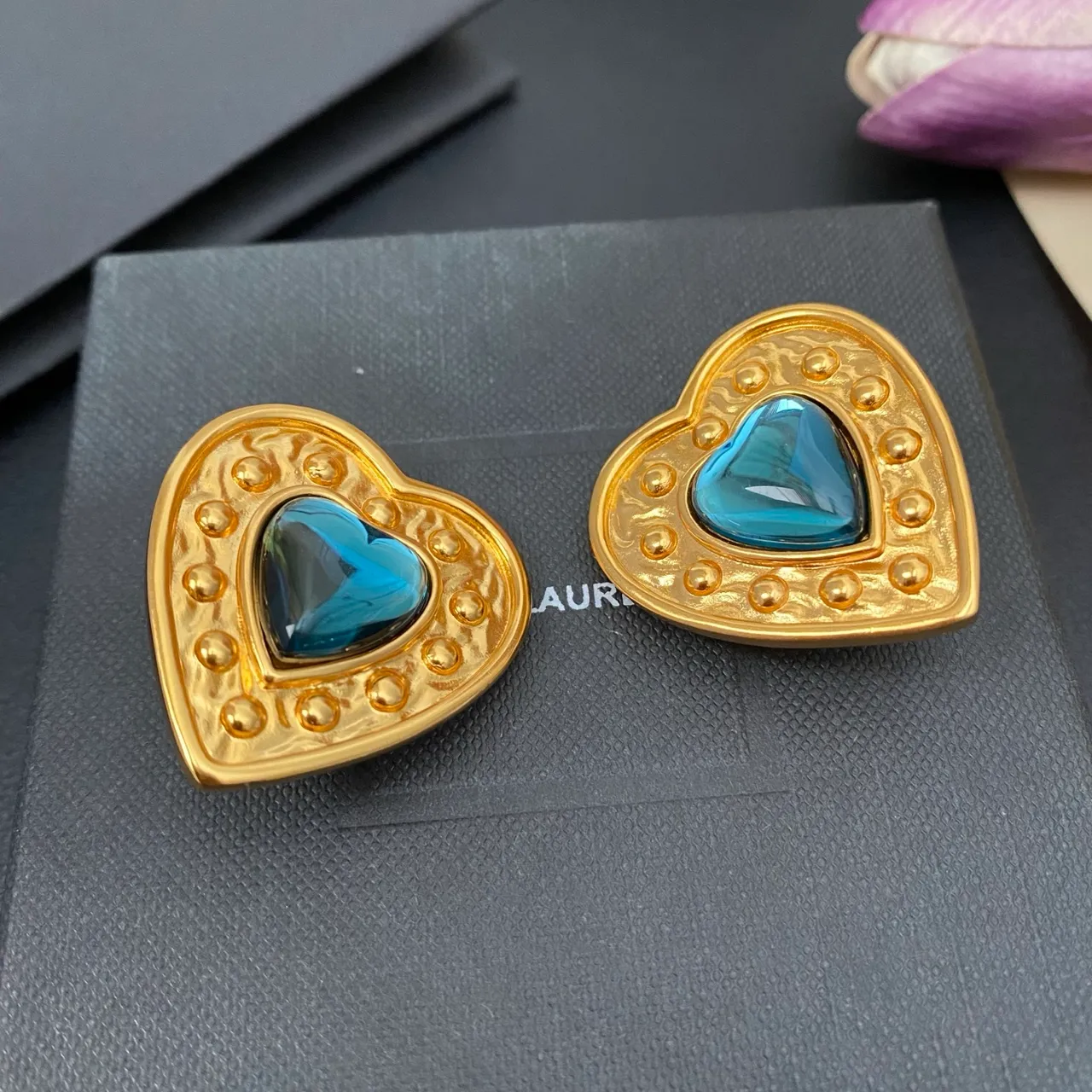 Gold Blue Heart-Shaped Metal Earrings 4
