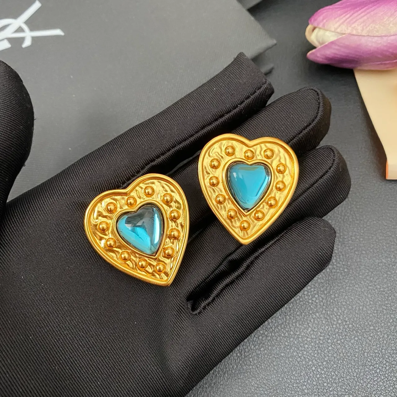 Gold Blue Heart-Shaped Metal Earrings 5