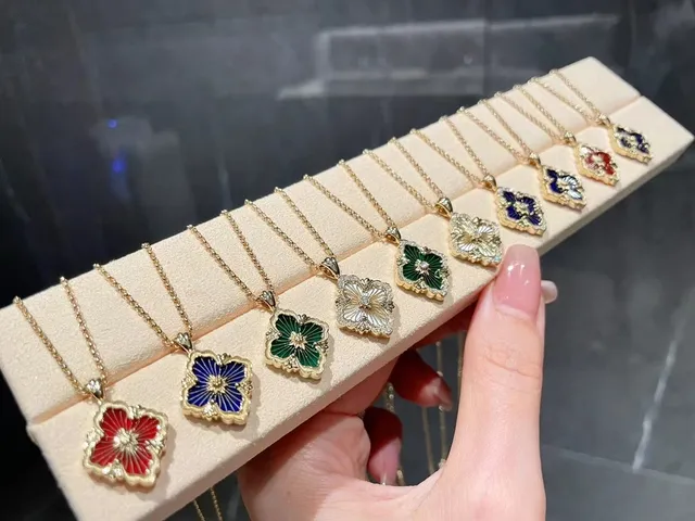 Gold Multicolor Flower-Shaped Enamel Pendant Chain Necklace 5