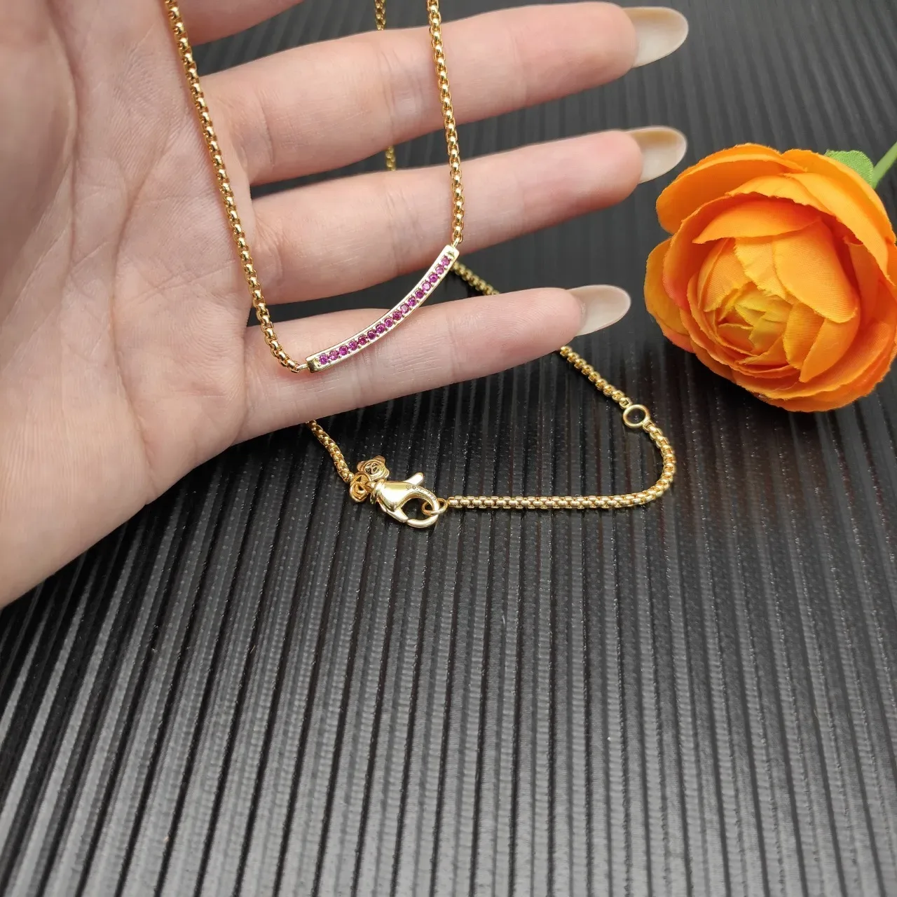 Gold Pink Curved Bar Pendant Pavé-Set Gemstones Necklace 4