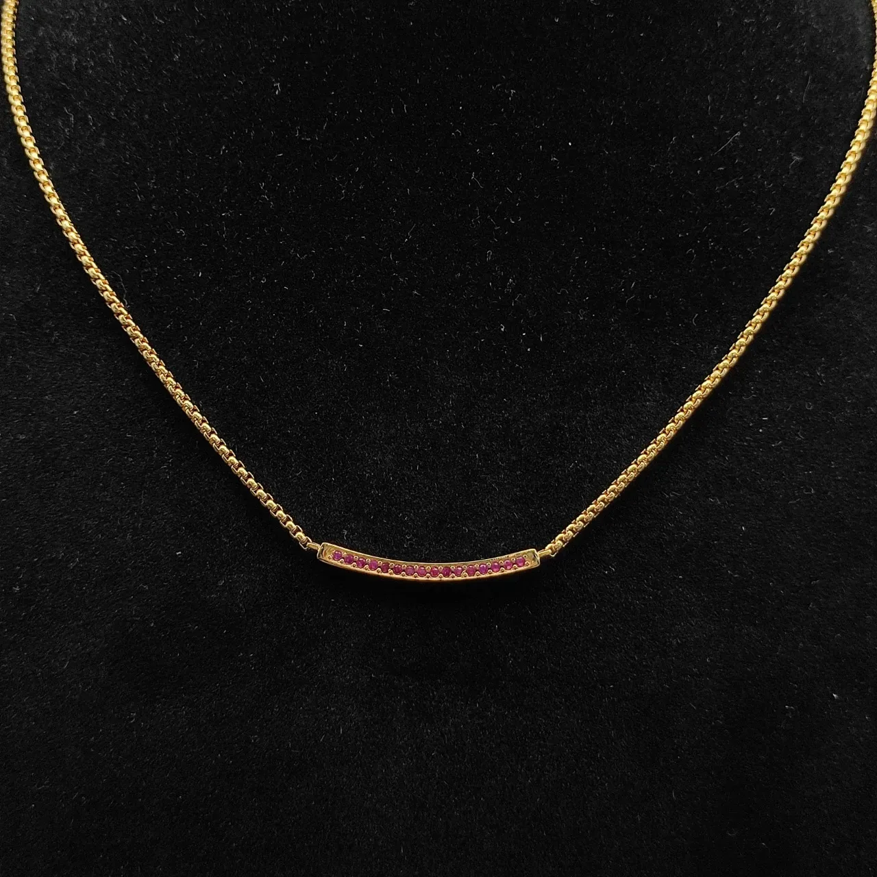 Gold Pink Curved Bar Pendant Pavé-Set Gemstones Necklace 5