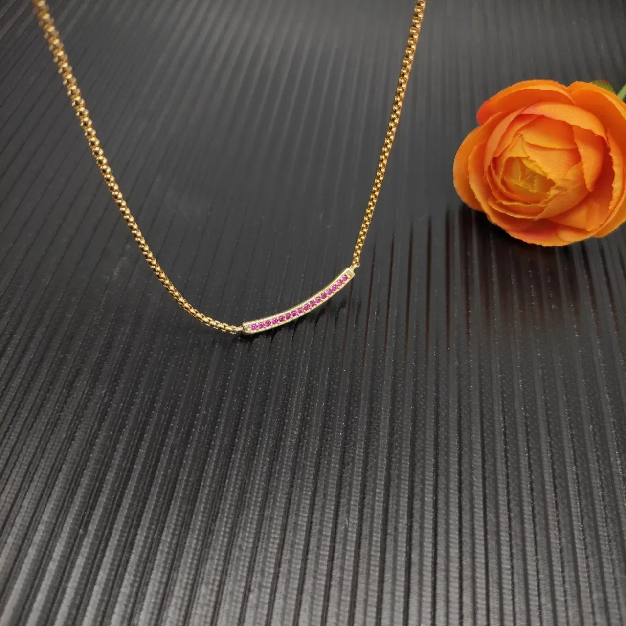 Gold Pink Curved Bar Pendant Pavé-Set Gemstones Necklace 7