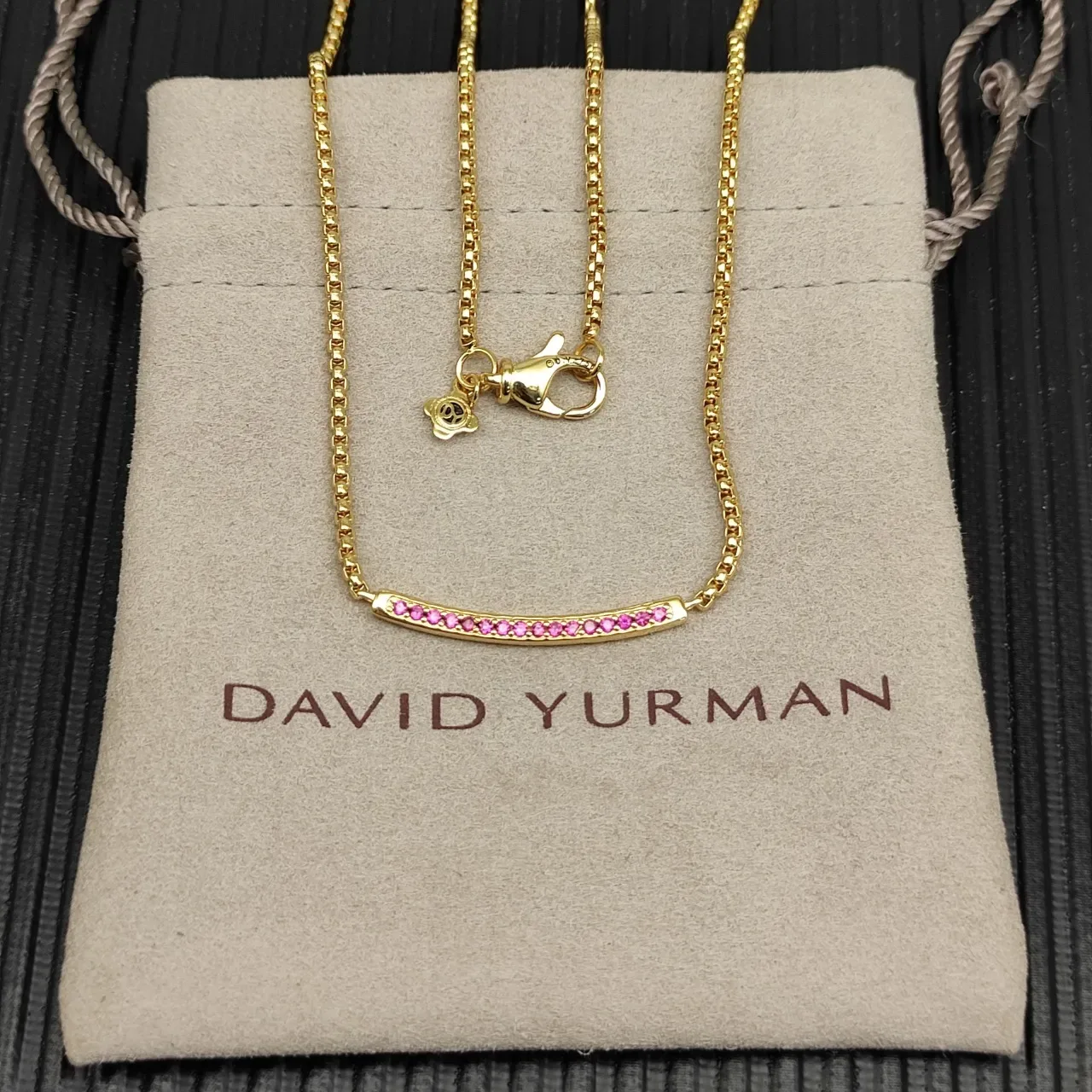 Gold Pink Curved Bar Pendant Pavé-Set Gemstones Necklace 9