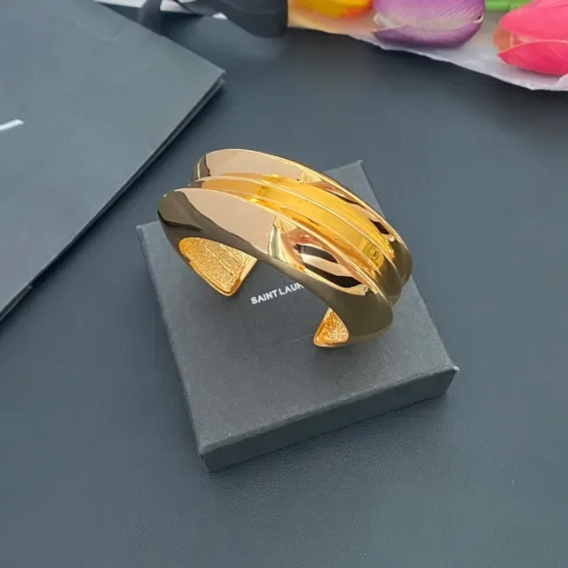 Gold Polished Layered Curved Open Cuff Bracelet 5