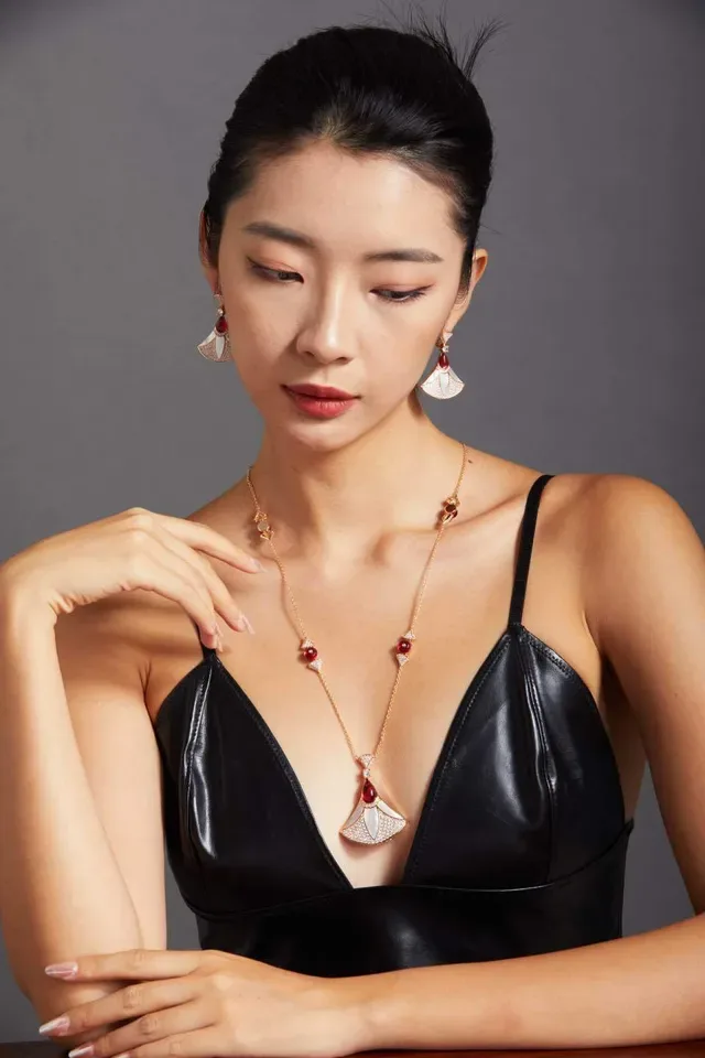 Gold Red Fan-Shaped Pavé-Set Crystal Earrings 6