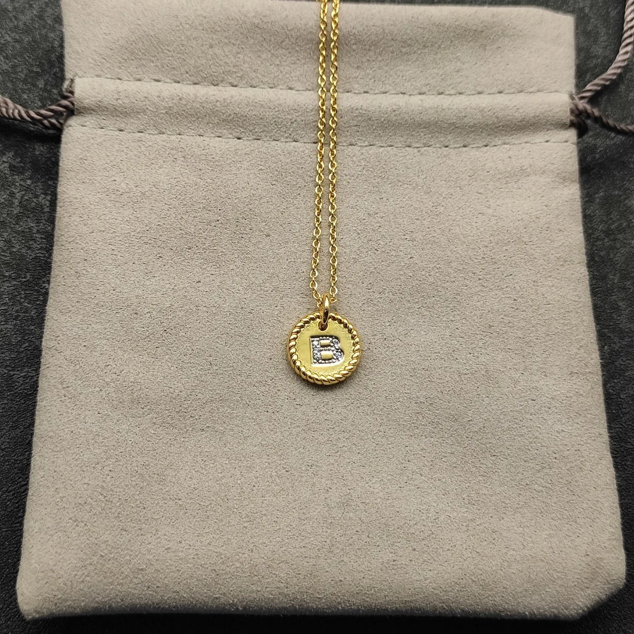 Gold Rope-Edge Monogram 'B' Pavé Initial Necklace 2