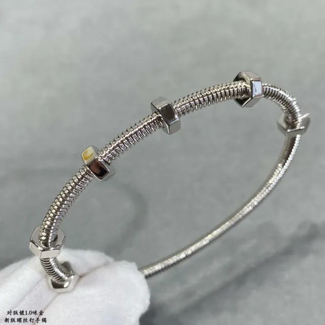 Gold Silver Screw-and-Rod Bangle Pavé Floral Charm Chain Bracelet 4