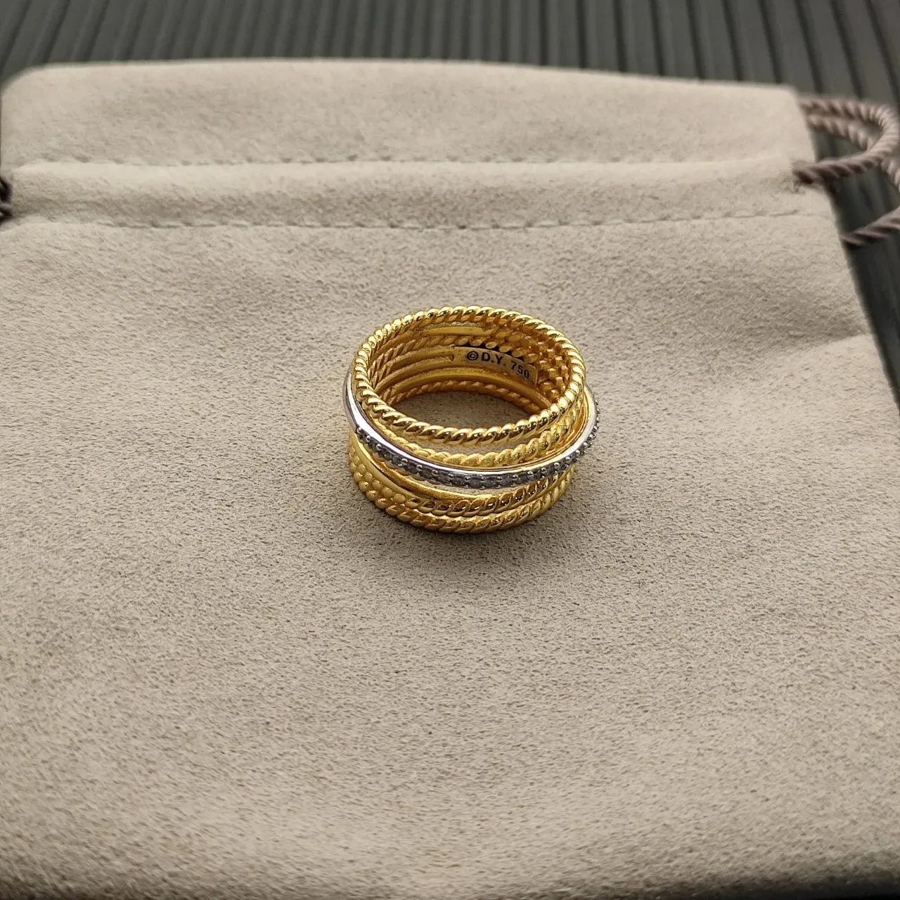 Gold Silver Twisted Rope Texture Diamond-Paved Band Ring 8