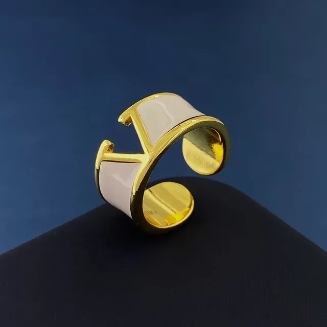 Gold-Tone and White Enamel Open-Shank Geometric Ring 5