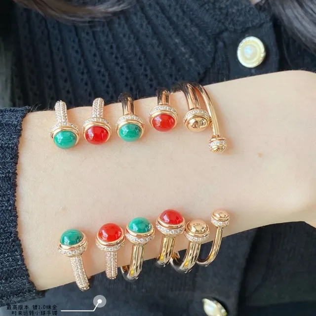 Gold-Tone Cabochon Gemstone Pavé Diamond Halo Open Bangle Bracelets 9