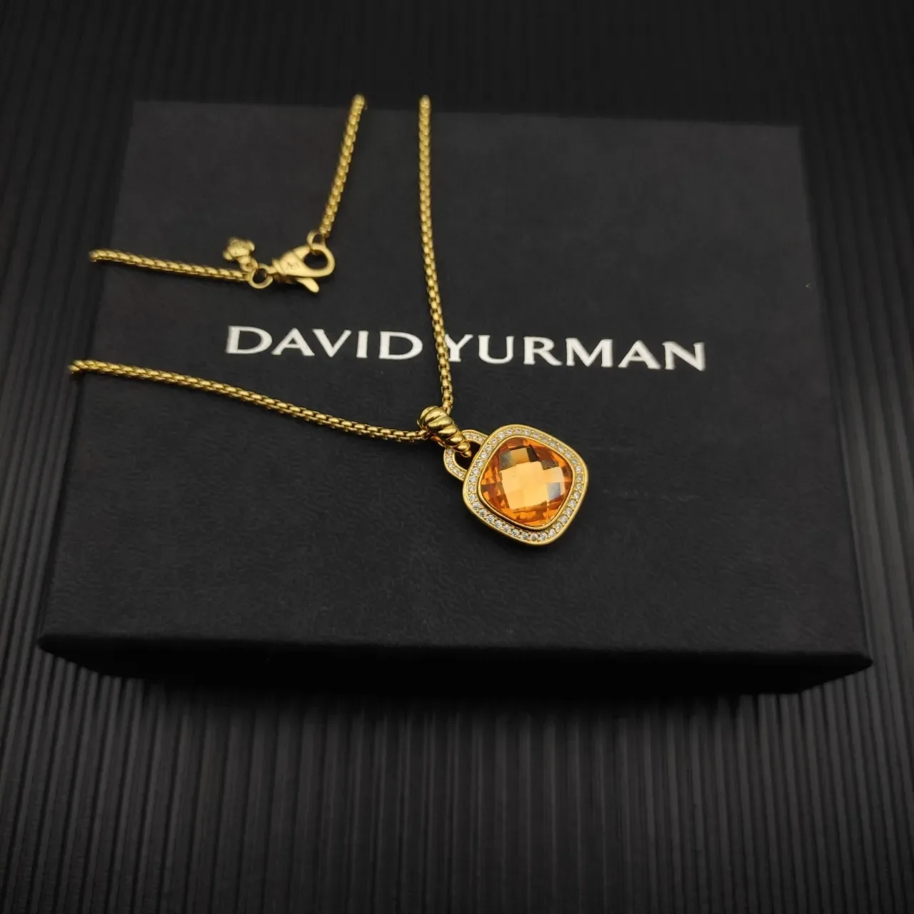 Gold-Tone Cushion-Cut Orange Gemstone Pave Necklace 9