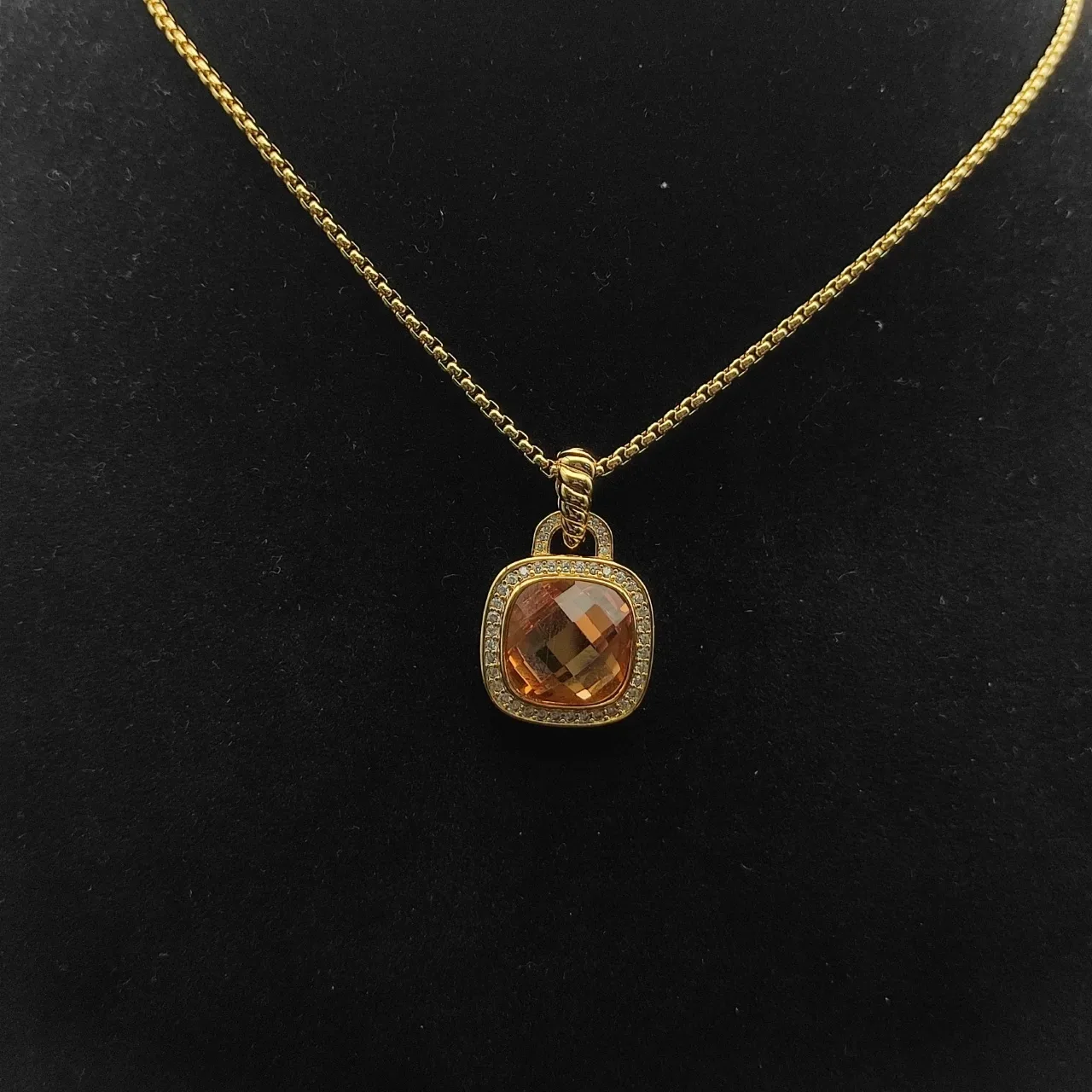 Gold-Tone Cushion-Cut Orange Gemstone Pave Necklace 10
