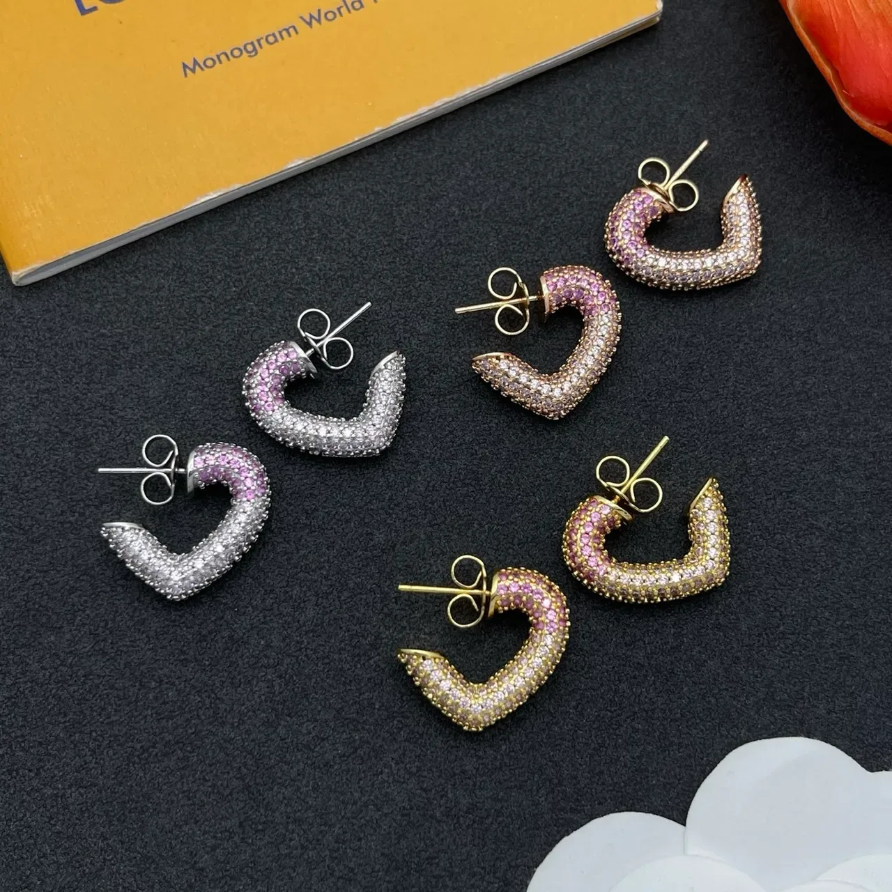 Gold-Tone Pave-Set Pink and Purple Crystal Curved C-Shaped Earrings 2