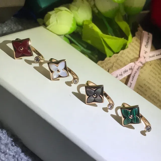 Gold-Tone Square Floral Inlay Open-Band Rings 6