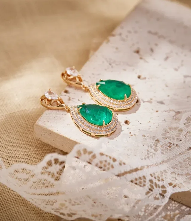 Gold-Tone Teardrop Green Gemstone Pave Halo Drop Earrings 3