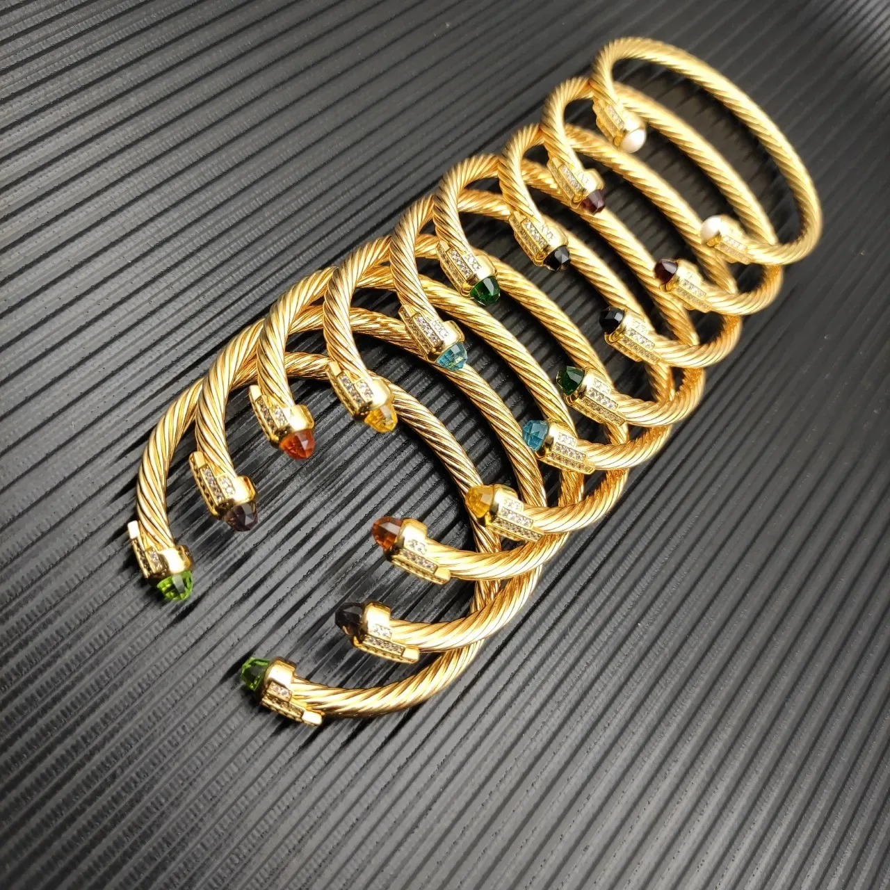 Gold-Tone Twisted Cable Gemstone-Terminal Pavé Bracelets 8