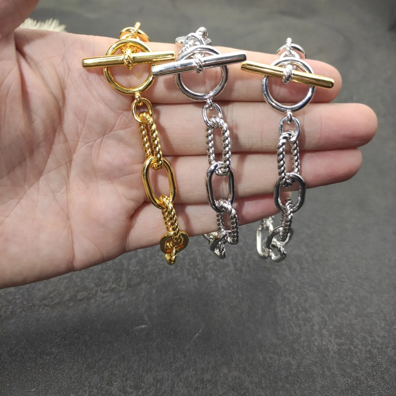 Gold-Tone Twisted Rope and Oval Link Toggle Clasp Bracelet 4