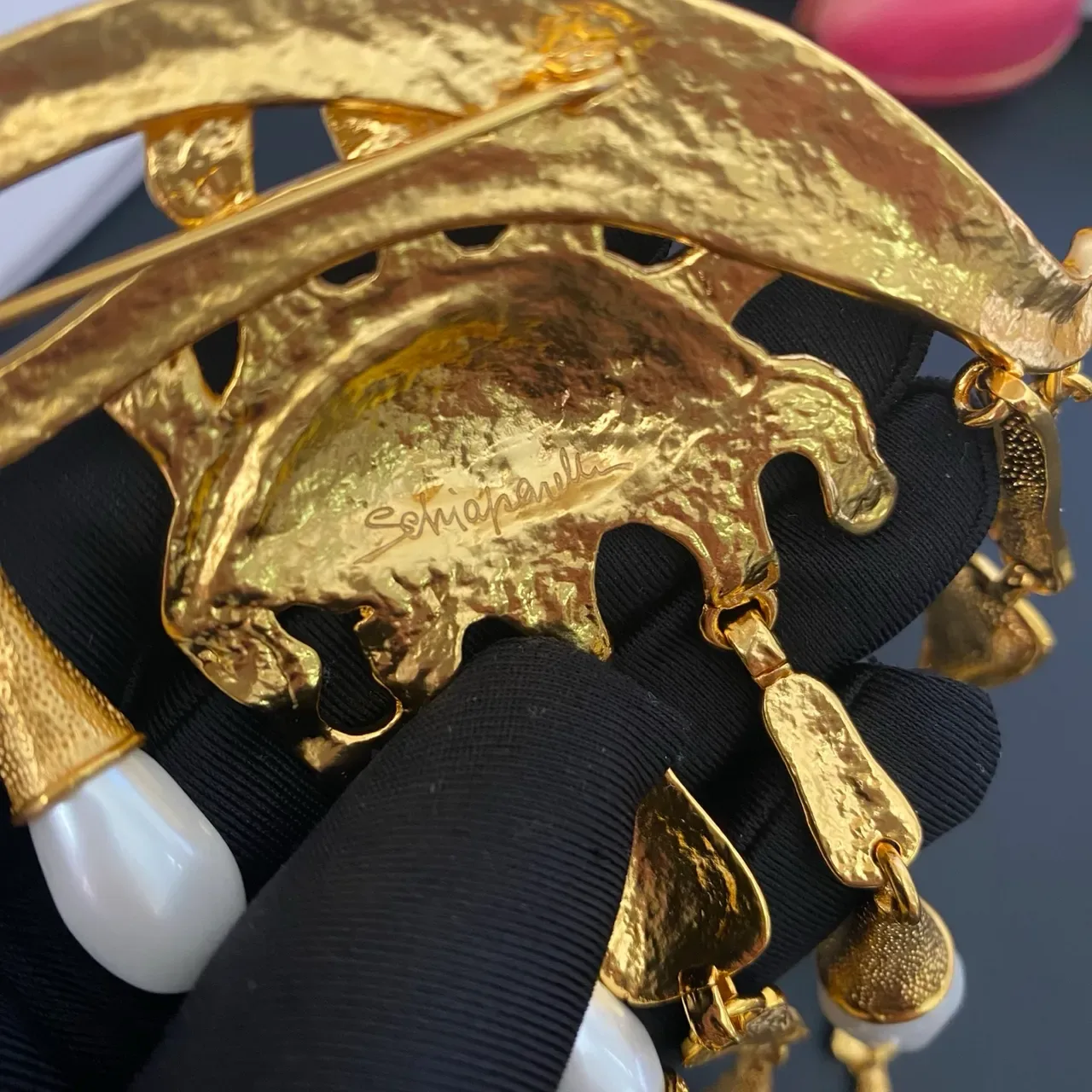 金色调日出花丝镂空珍珠垂坠流苏胸针 4