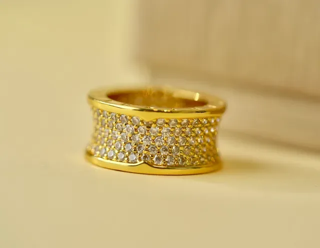 Gold White Wide Band Multi-Row Pavé Ring 2