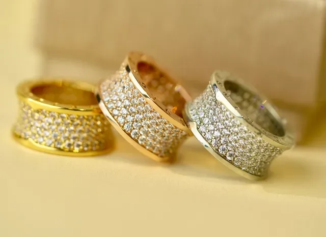 Gold White Wide Band Multi-Row Pavé Ring 7