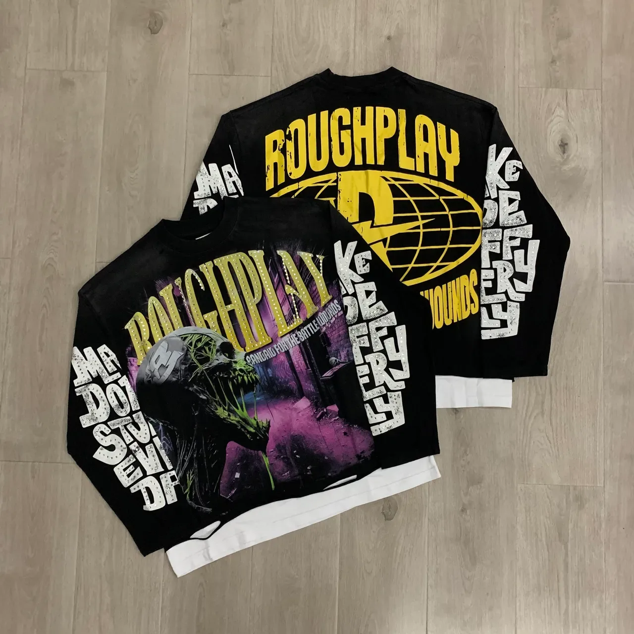 Graphic-Print Rhinestone-Embellished Black Long-Sleeve Crewneck Top 5