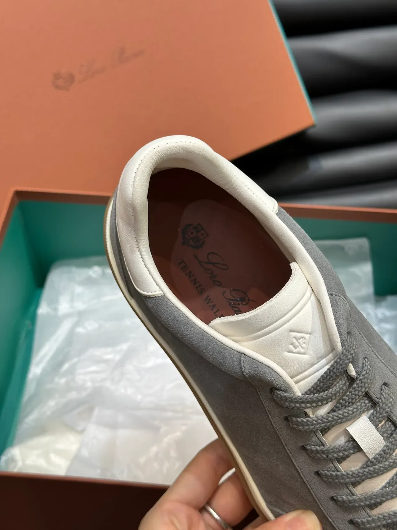 Gray Beige Suede Upper Contrast Heel Tab Sneakers 3