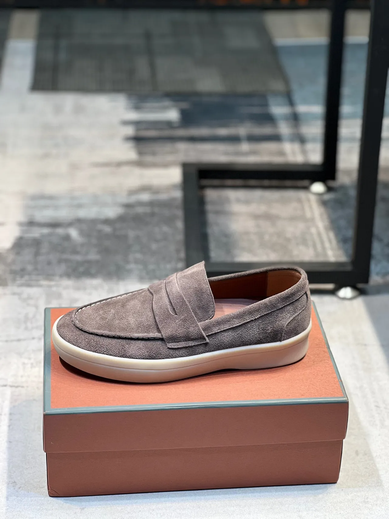 Gray Beige Suede Upper Penny Strap Loafer 6