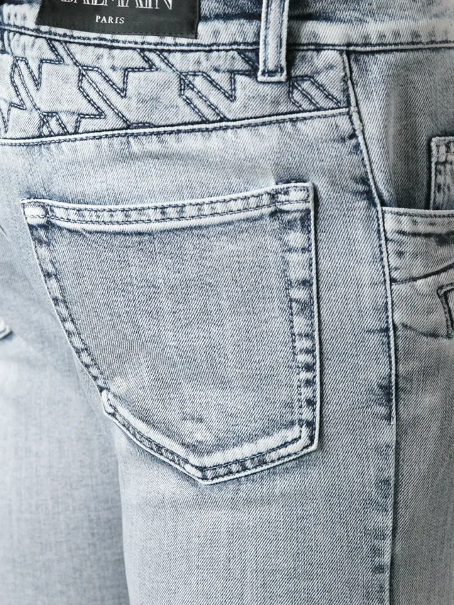 Jean en denim gris noir déchiré avec lavage léger et panneaux contrastants cousus 11