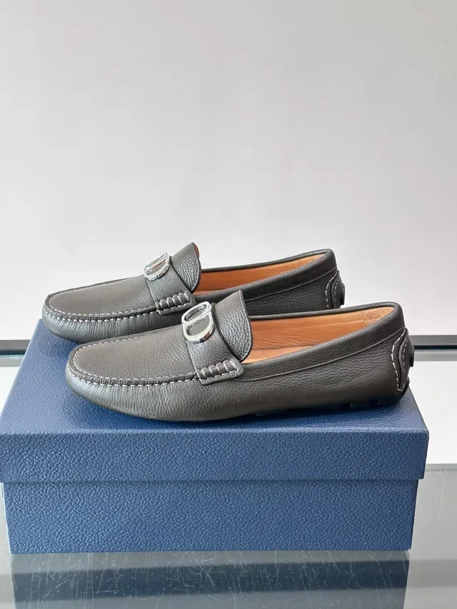Gray Pebbled Leather Horsebit Loafers 5