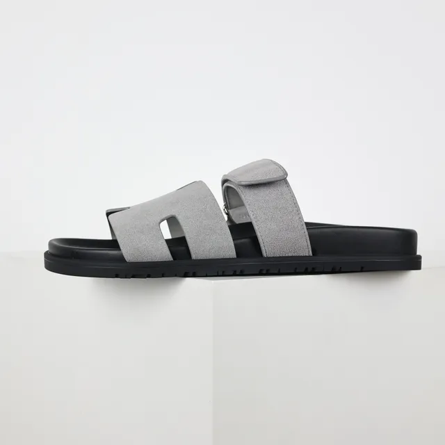 Gray Suede-Like Double-Strap Flat Sole Casual Sandals 9