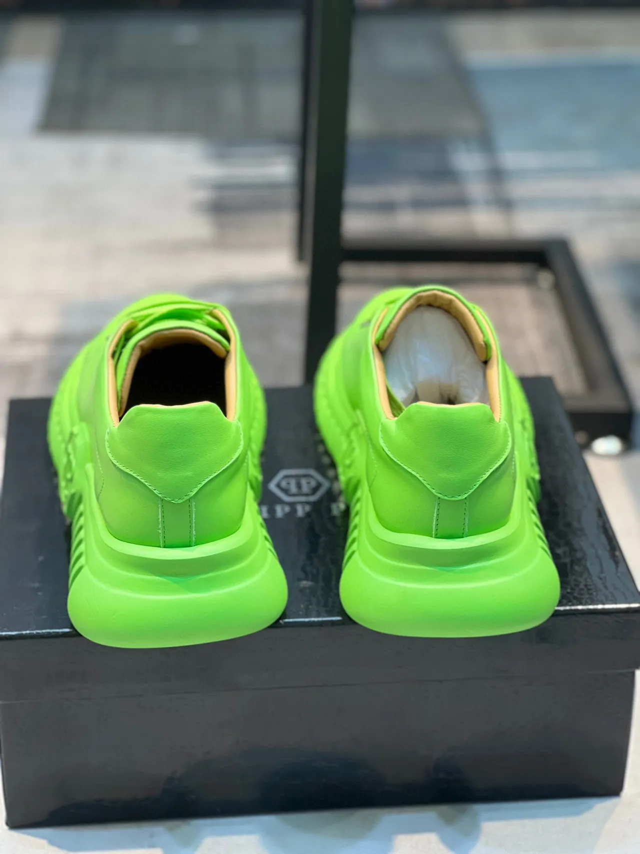 Green Beige Neon Monochrome Sculpted Sole Chunky Sneakers 2