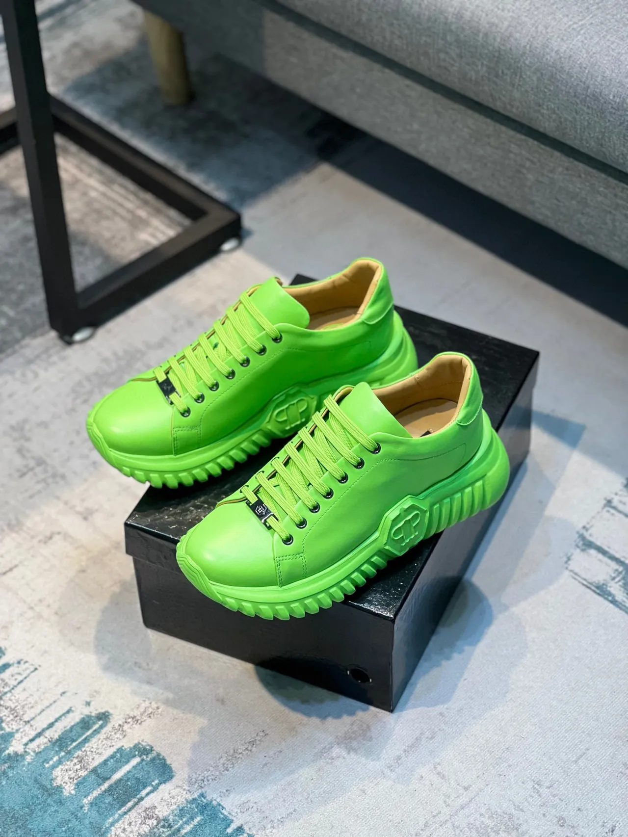 Green Beige Neon Monochrome Sculpted Sole Chunky Sneakers 7