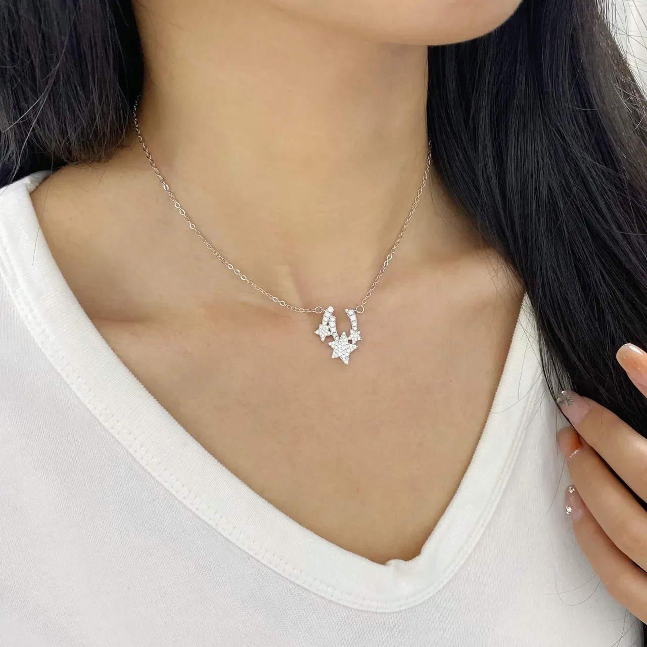 HEFANG Pavé Crystal Star Pendant Silver Chain Necklace 2