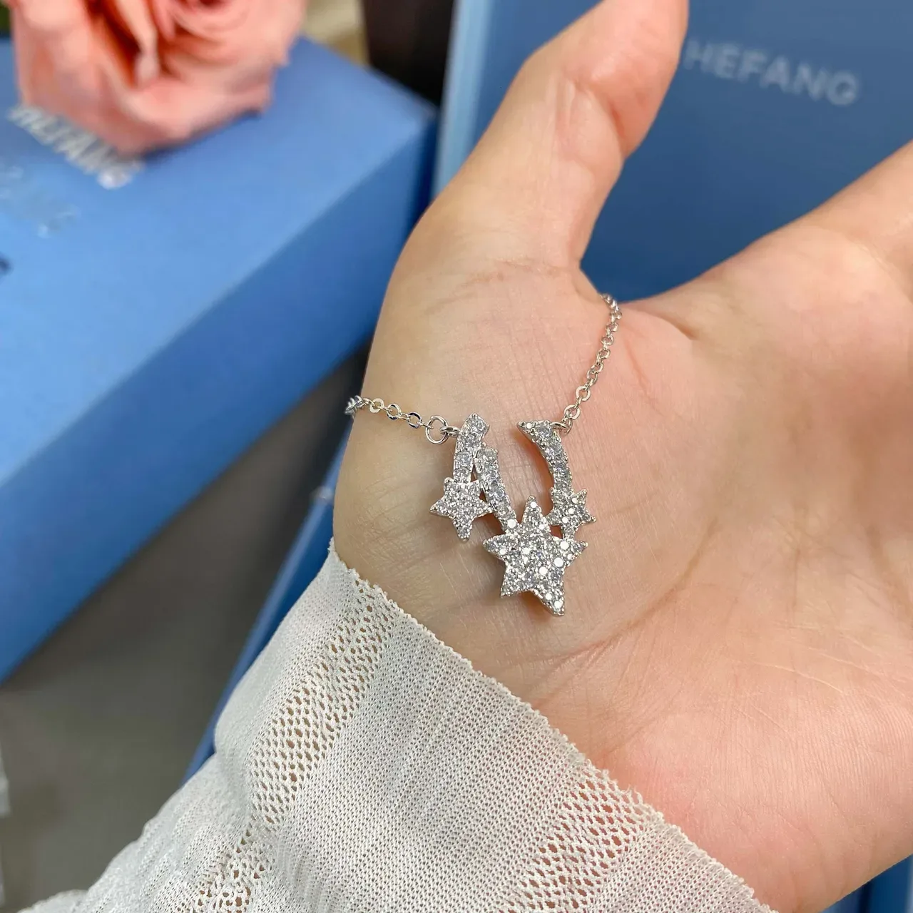HEFANG Pavé Crystal Star Pendant Silver Chain Necklace 5