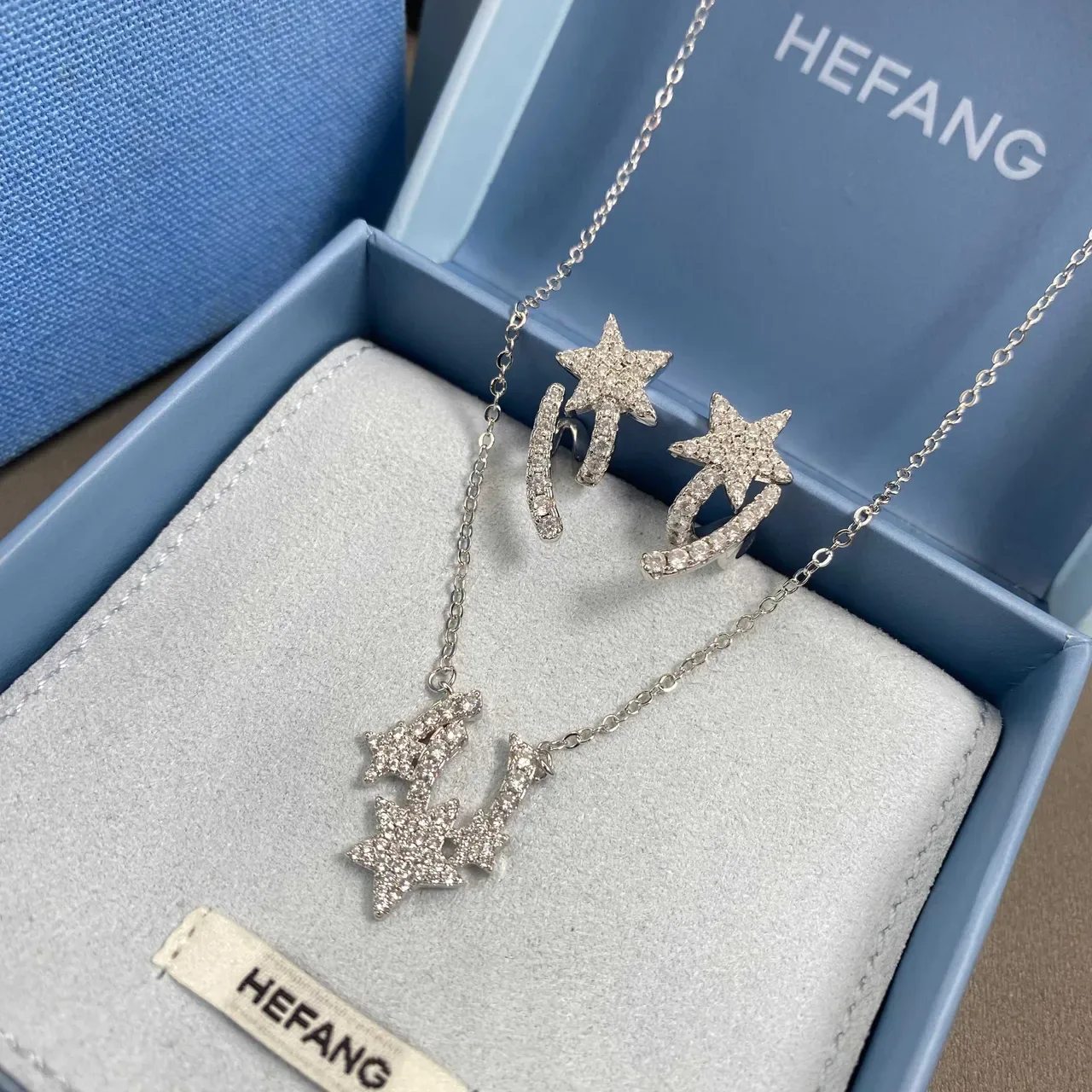 HEFANG Pavé Crystal Star Pendant Silver Chain Necklace 6